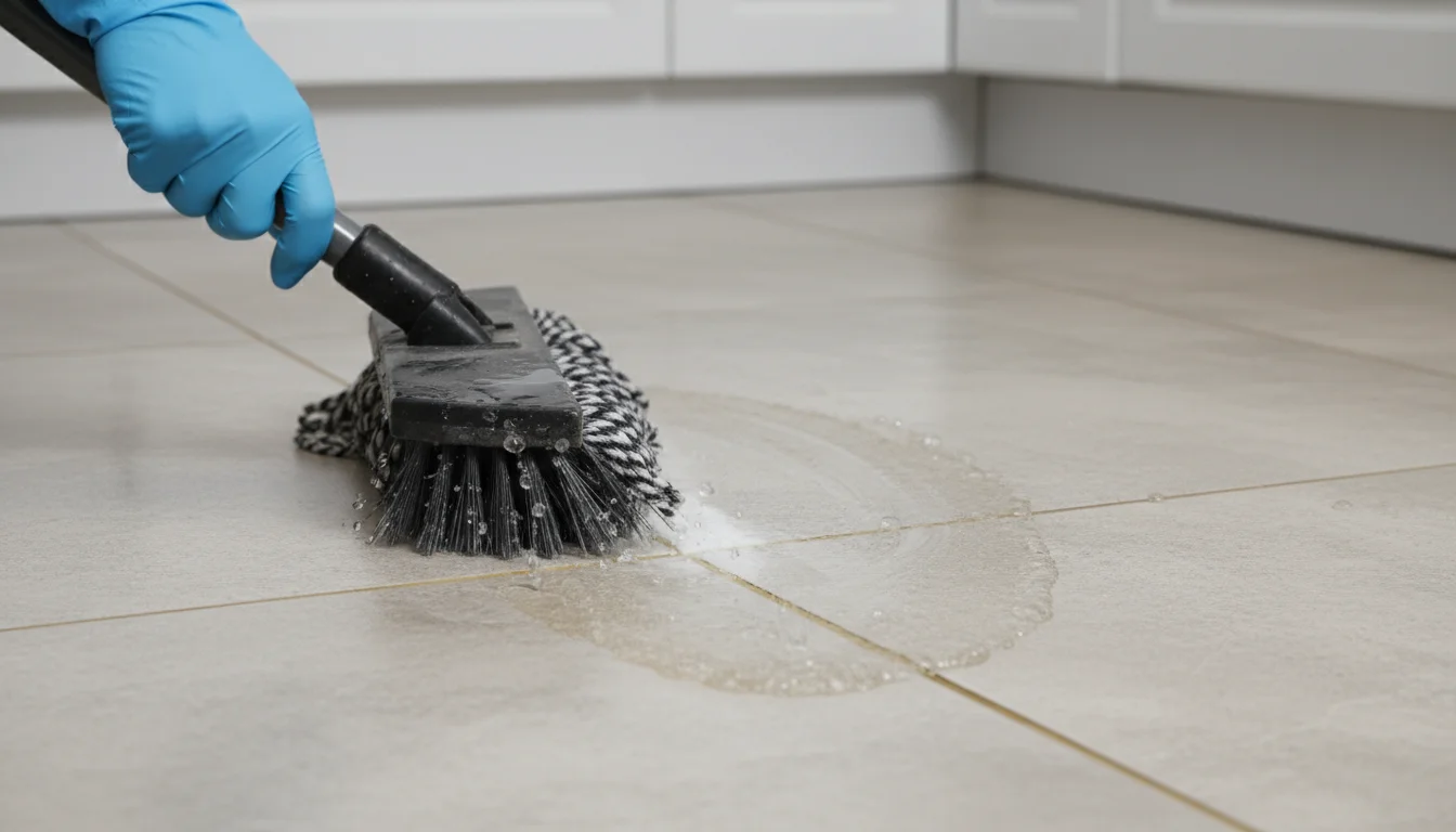 Close-up of a person's hand guiding a brush-head mop across a wet grout line between light gray kitchen tiles.
