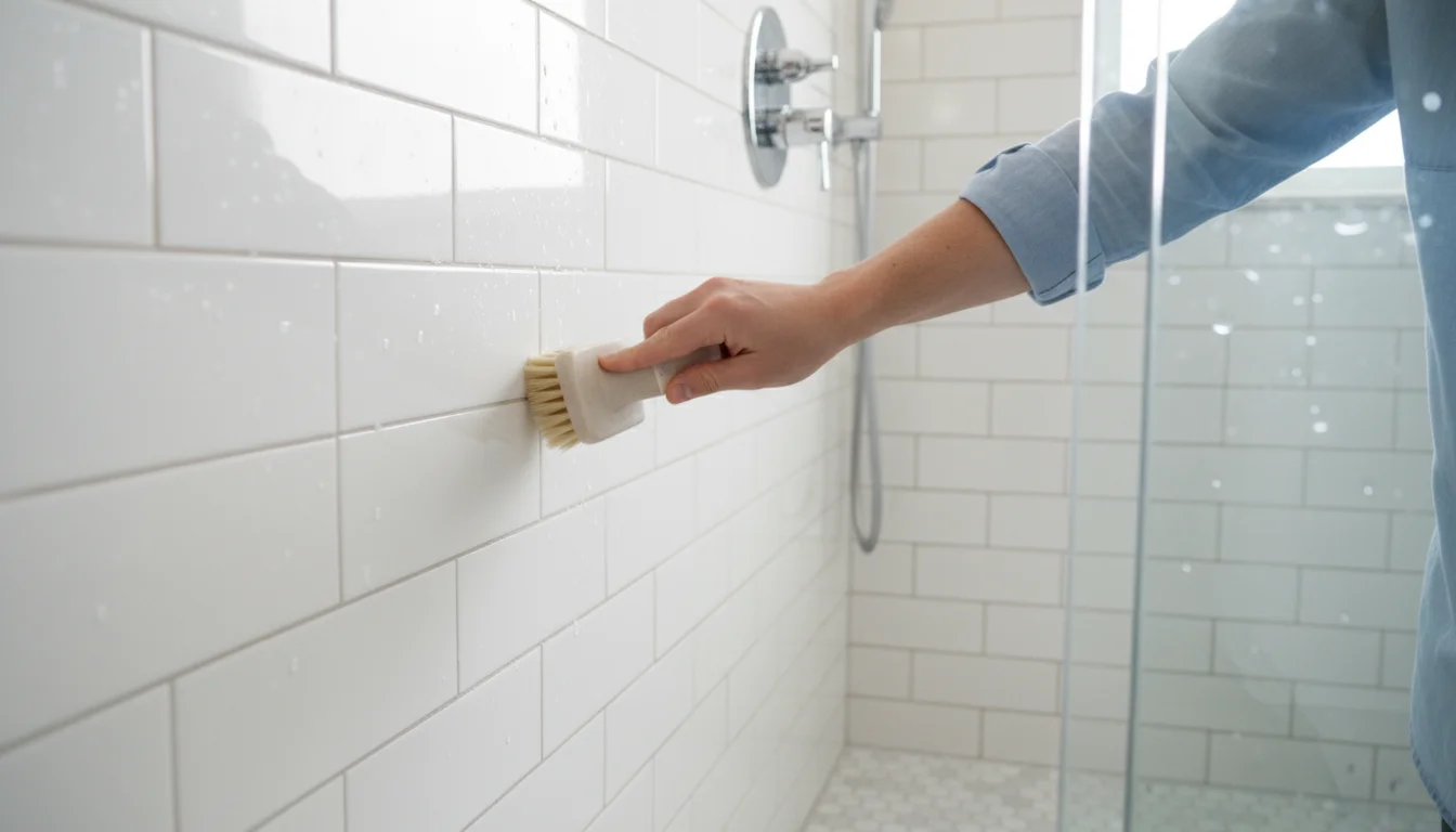 A person's hand holding a small brush, focused on scrubbing grout between white subway tiles in a clean shower.