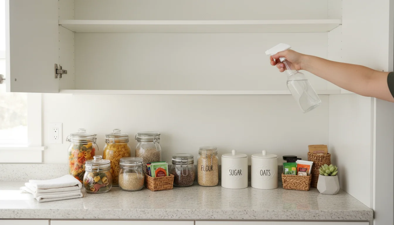 A person's hand holding a spray bottle, poised to clean the inside of an emptied kitchen cabinet. Pantry items are neatly arranged on the counter next