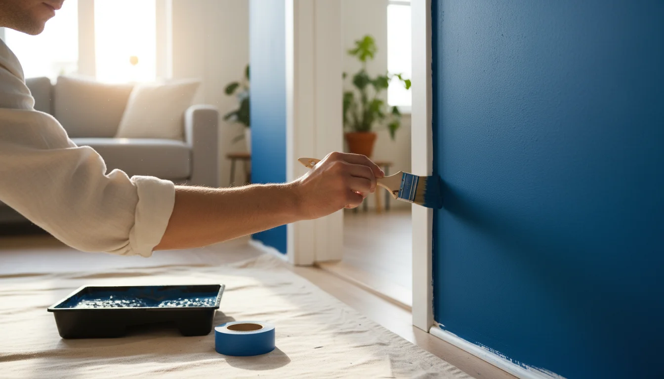 Person's hand holds an angled brush, carefully painting a deep blue accent wall edge where it meets a white door frame in a bright room.