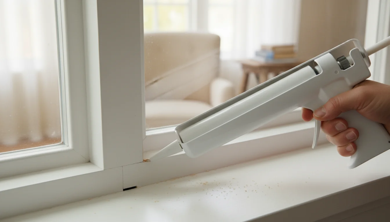 A person's hand holds a caulk gun, aiming its tip at a small, visible gap in the mitered corner of freshly installed white window trim.