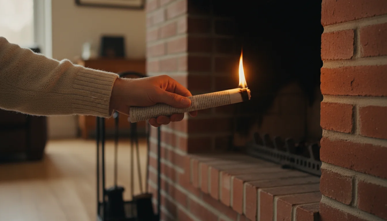Person's hand holds a small, lit, twisted piece of newspaper up into a fireplace flue.
