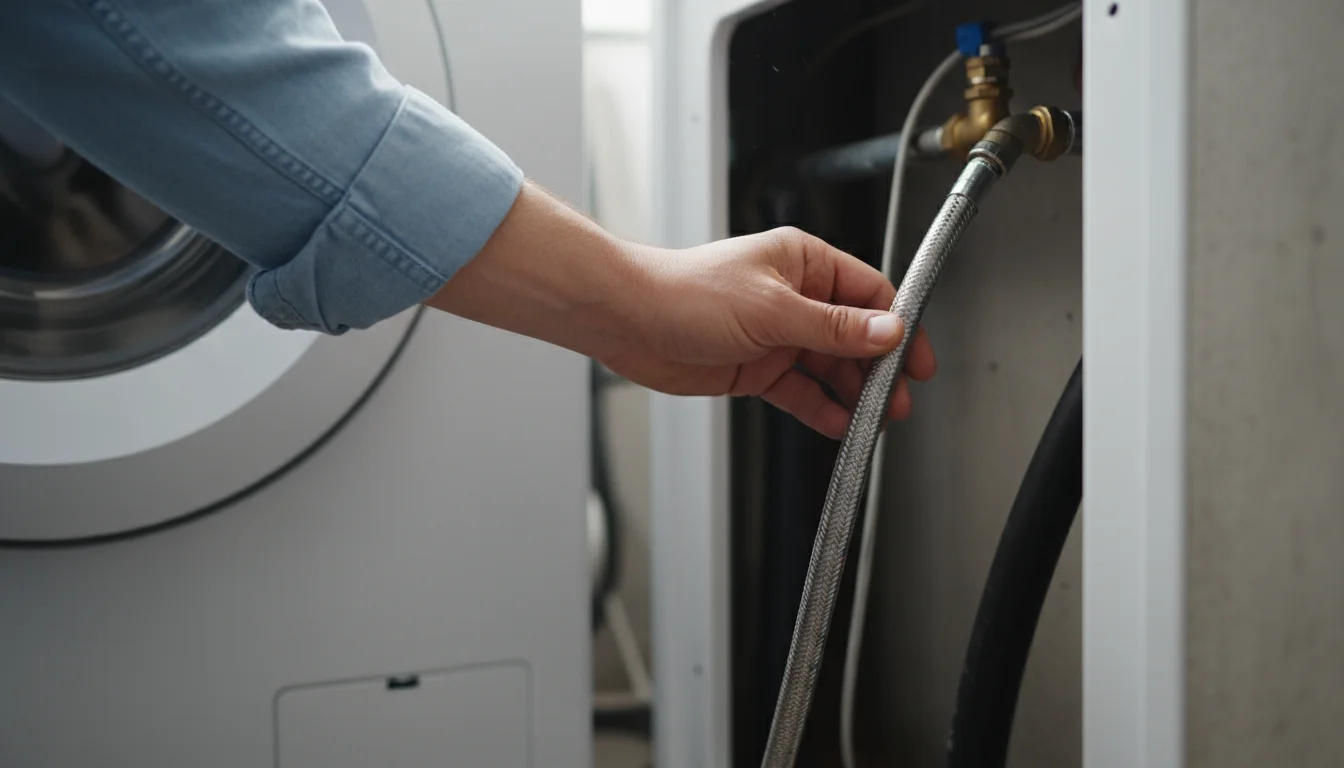 Person's hand inspecting a braided stainless steel washing machine hose behind a white washing machine for preventative maintenance.