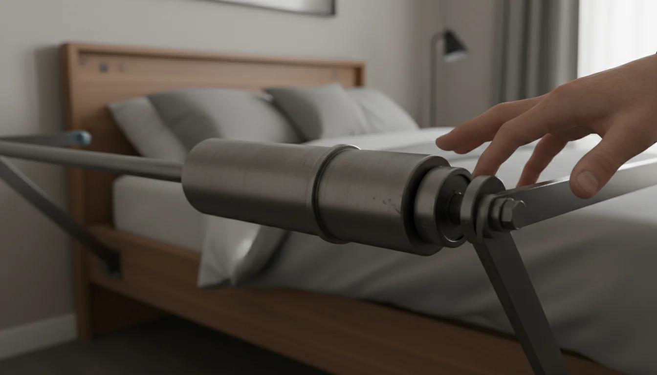 Close-up of a person's hand inspecting the spring mechanism of a partially lowered Murphy bed. A mattress edge is in soft focus.