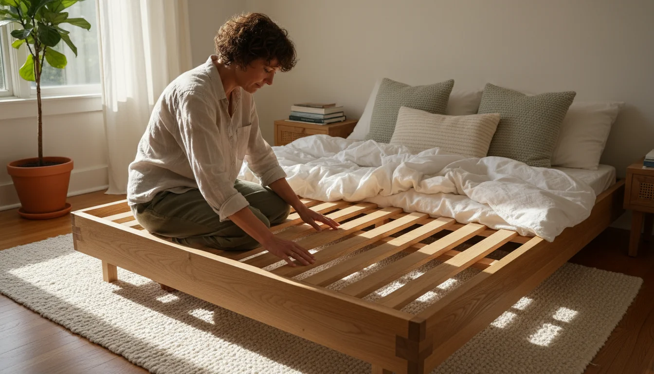 A person's hand inspecting the wooden slats of a bed frame in a sunlit bedroom.