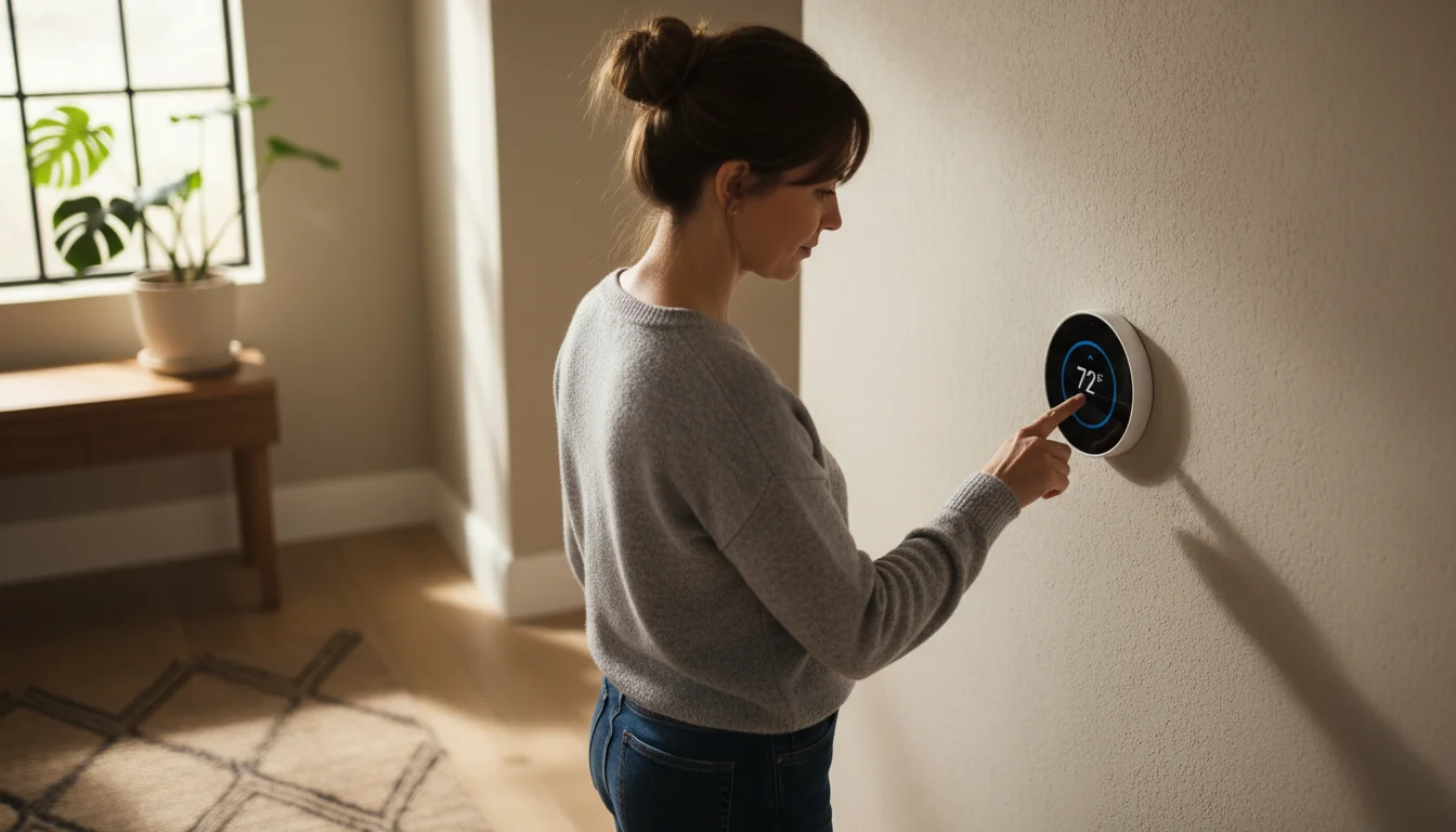 A person's hand interacts with a smart thermostat on a light wall, viewed from behind their shoulder in a bright hallway.