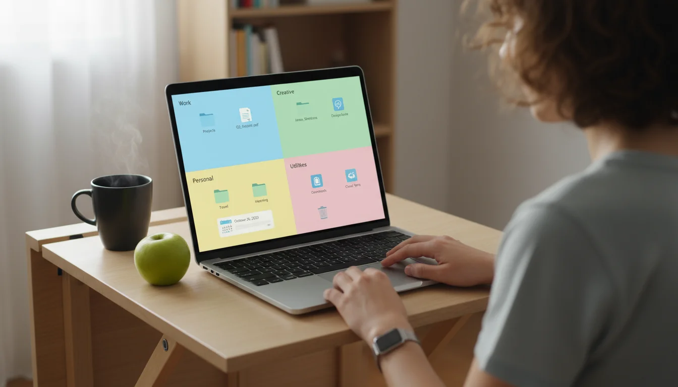 A person's hand on a laptop trackpad, showing a highly organized digital desktop on a fold-down desk with a mug and small plant.