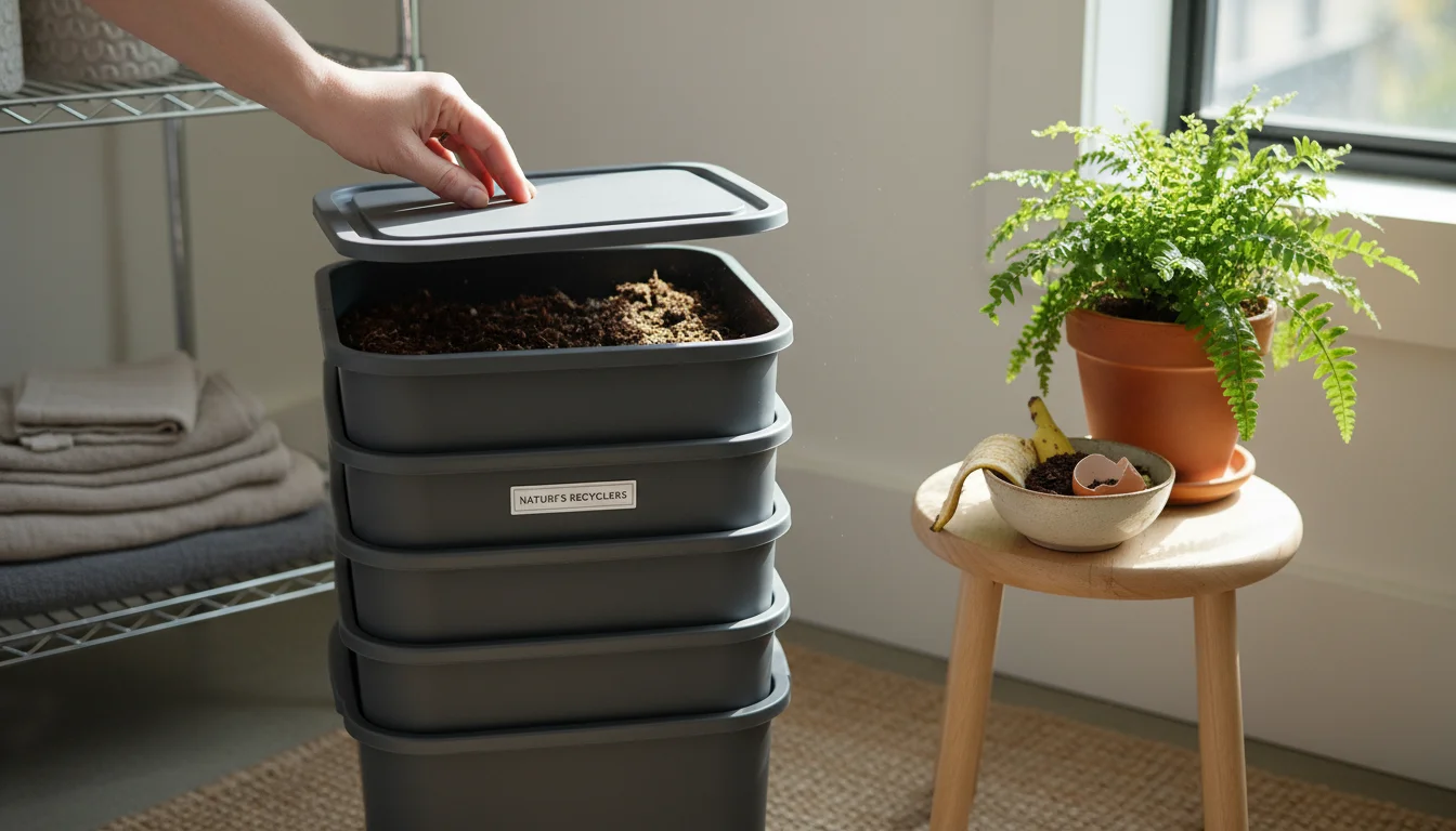 A person's hand lifts the lid of a compact, dark gray multi-tray vermicomposting bin in a well-lit apartment corner. A potted fern sits nearby.