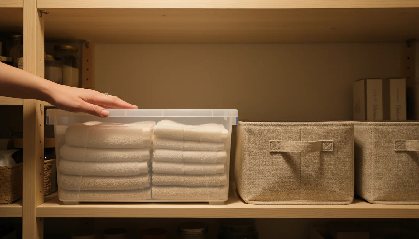 A person's hand lightly touches a clear plastic bin filled with towels, next to a fabric bin on a wooden shelf.
