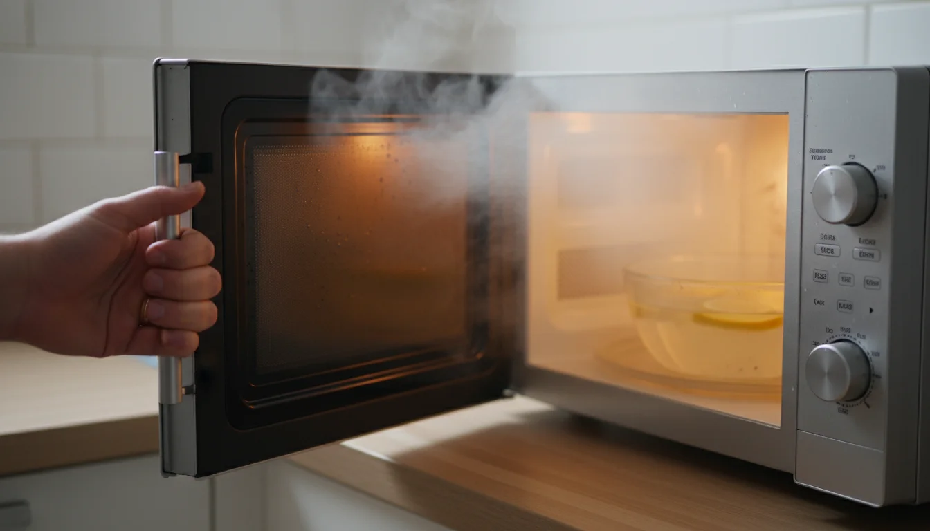 A person's hand gently opens a steaming microwave door, revealing a bowl of water, vinegar, and lemon inside with steam escaping.