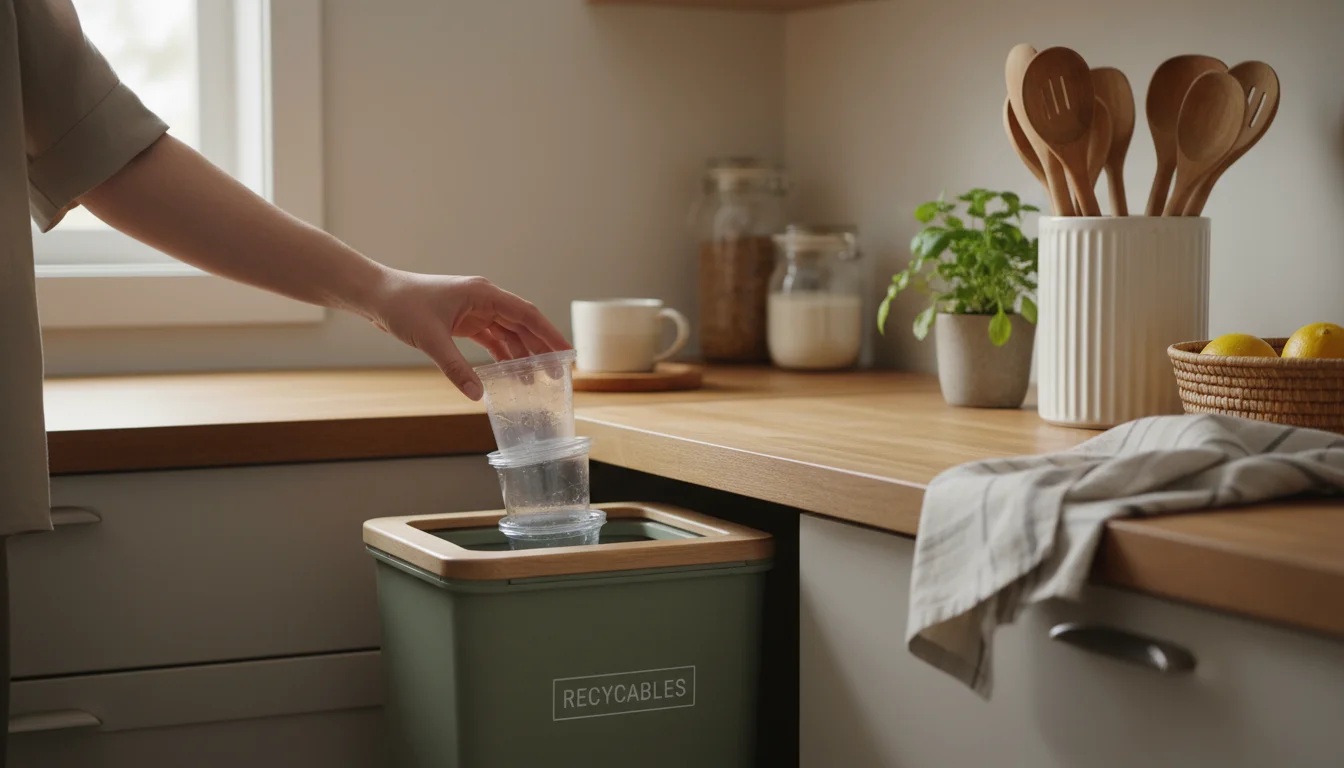 A person's hand places a clean plastic yogurt container into a slim recycling bin in a cozy kitchen nook next to a ceramic compost bin.