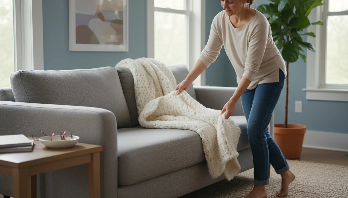 Person's hand gently places a folded throw blanket over a sofa armrest in a cozy, tidy living room, with reading glasses in a tray nearby.