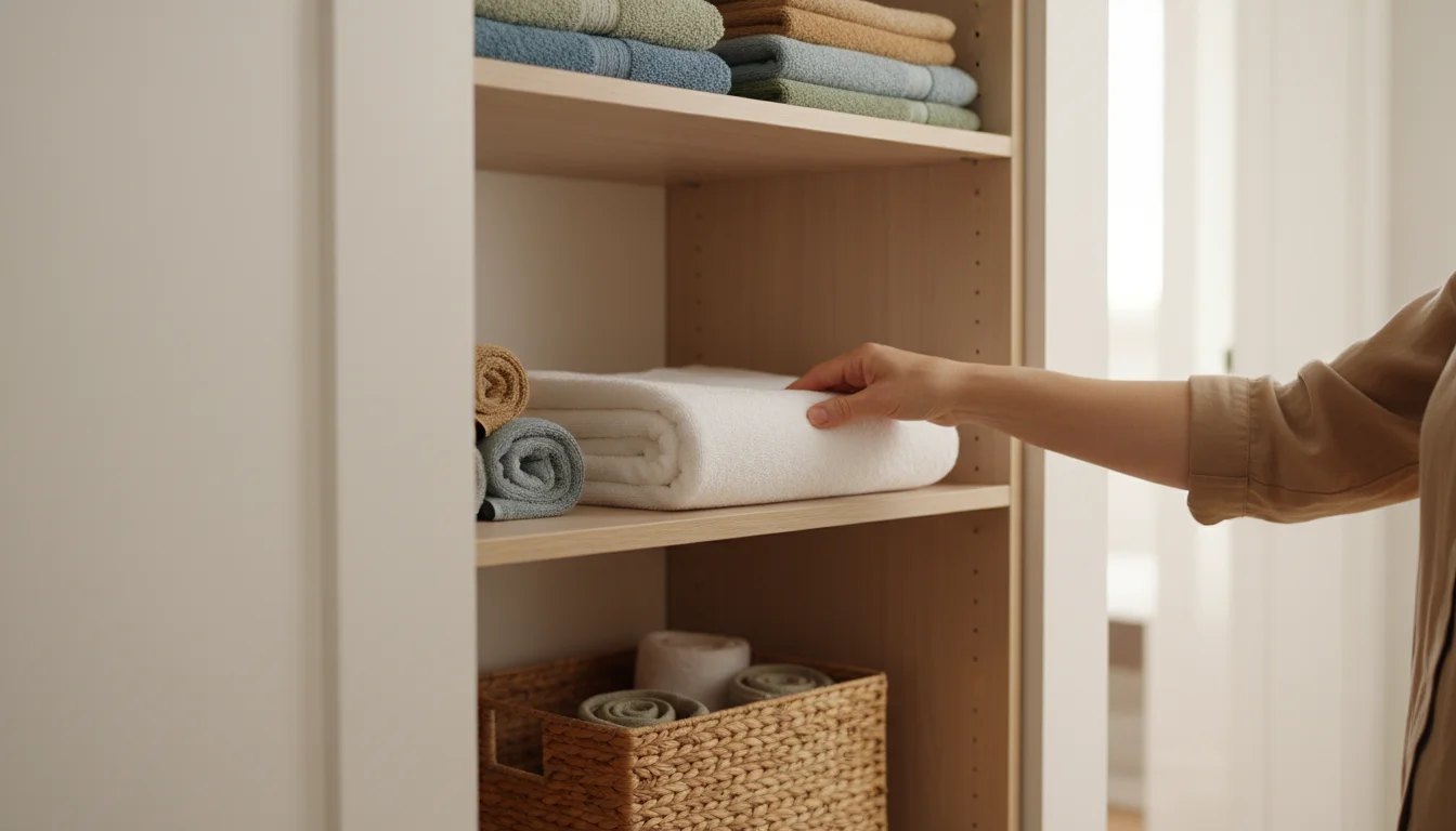 A person's hand places a neatly folded white towel onto a shelf in an organized linen closet.