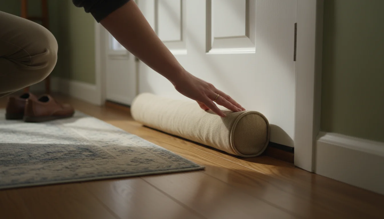 A person's hand places a neutral-colored fabric draft stopper at the bottom of a closed home exterior door.