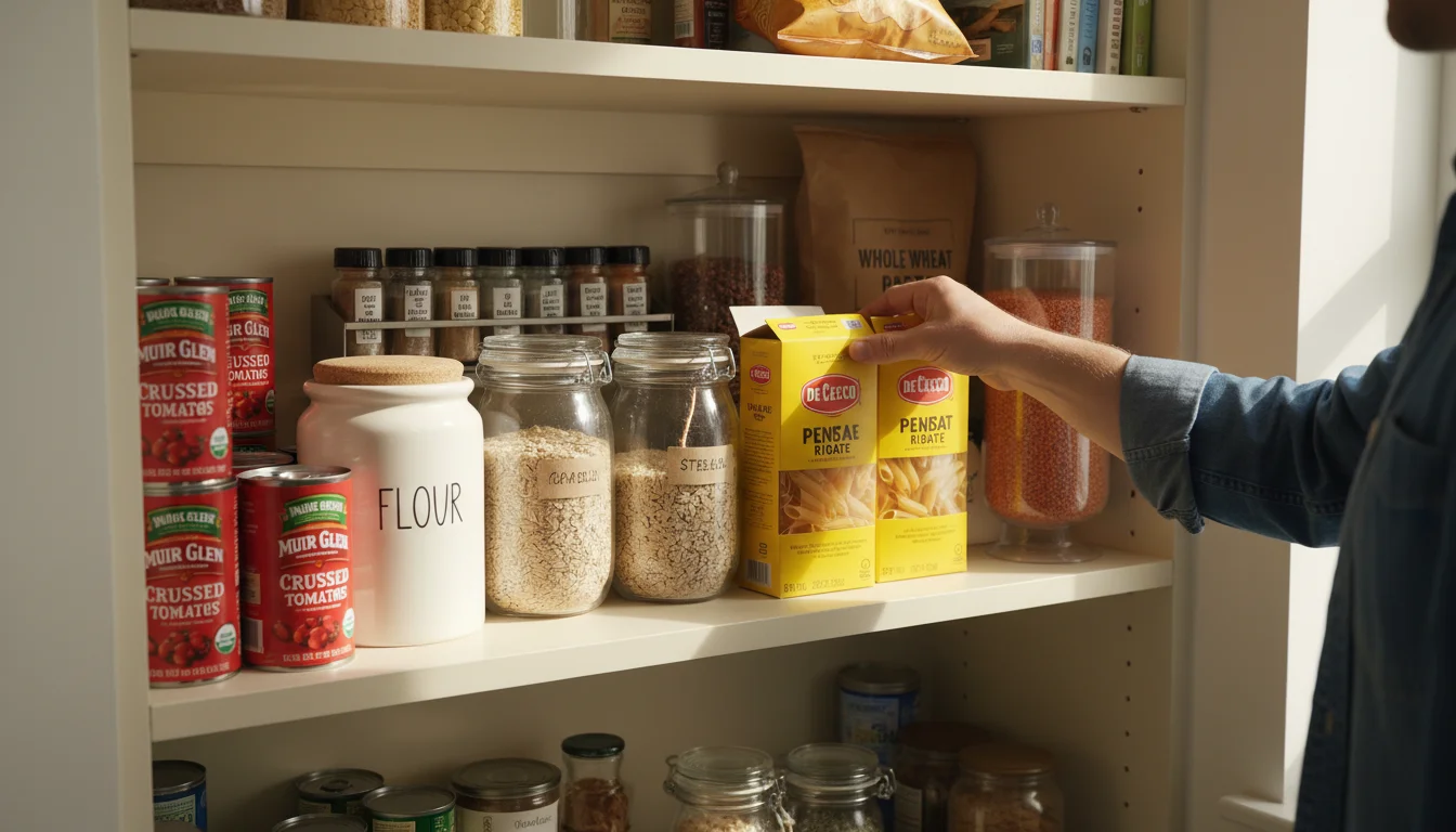 A person's hand places a new box of pasta behind an older one on a neatly organized pantry shelf, demonstrating the FIFO method.