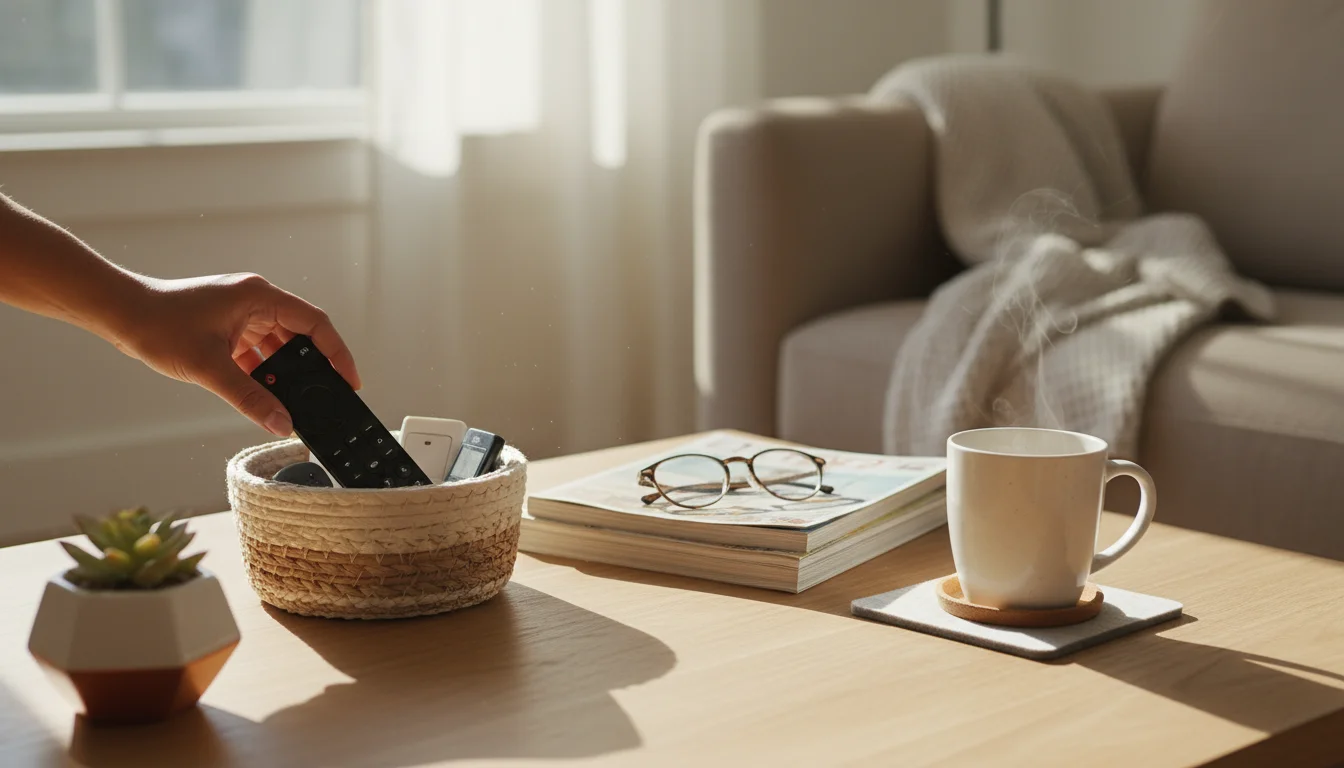 A person's hand places a TV remote into a woven basket on a tidy light-wood coffee table. Nearby are neatly stacked magazines and a mail sorter.