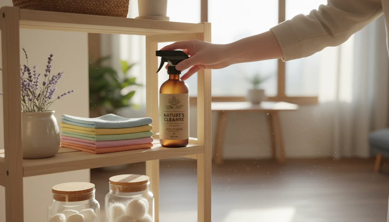 Person's hand placing an eco-friendly spray bottle onto an organized wooden utility shelf with cleaning cloths, reusable scrubbers, and a small plant.