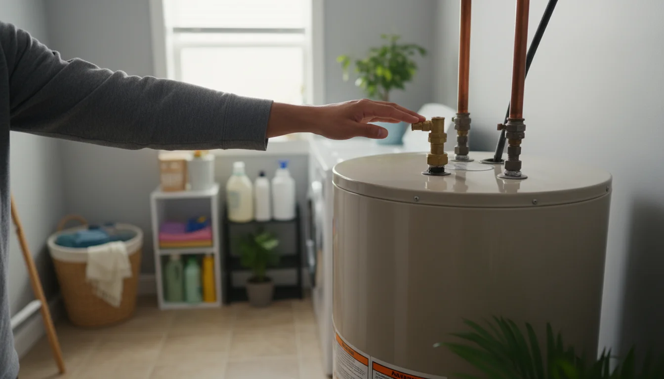 A person's hand points gently to a pipe on a tank-style water heater in a home utility closet.