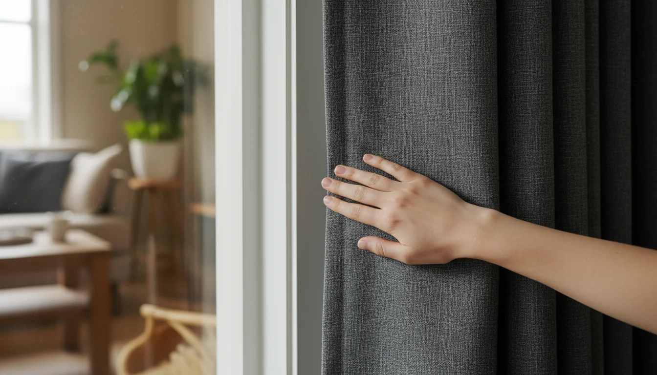 A person's hand gently presses a thick, dark thermal curtain against a wall, showing it fully covering and extending beyond a window frame.