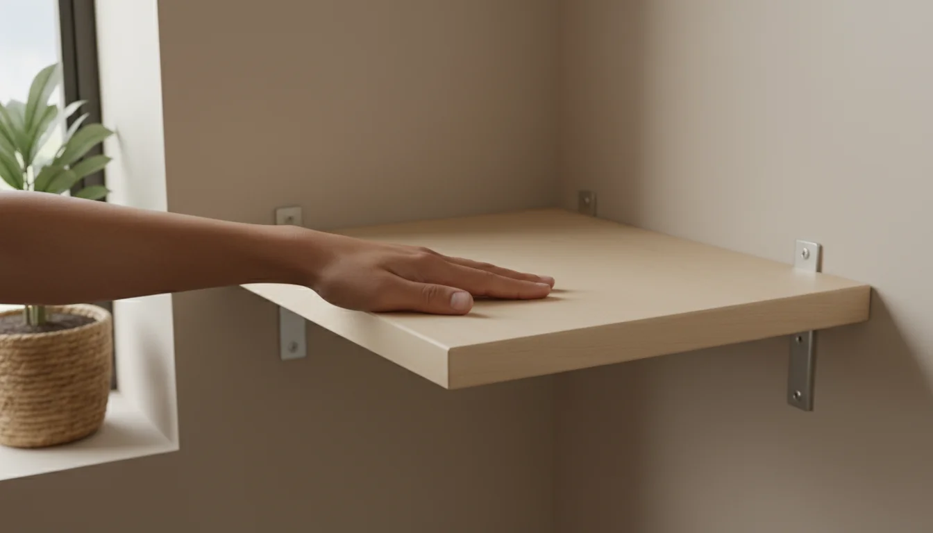 A person's hand gently pressing down on an empty, light-colored wooden corner shelf to test its stability.