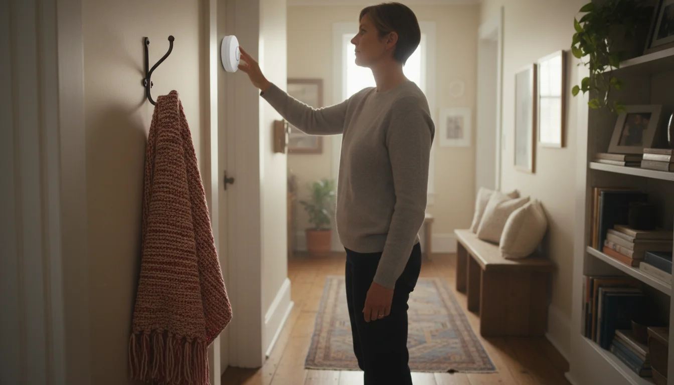 A person's hand pressing the test button on a white, wall-mounted carbon monoxide detector in a home hallway.