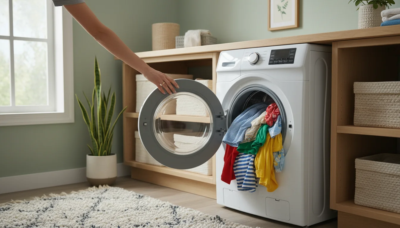 A person's hand pushes a towel into a full front-loading washing machine in a well-lit, organized laundry room.