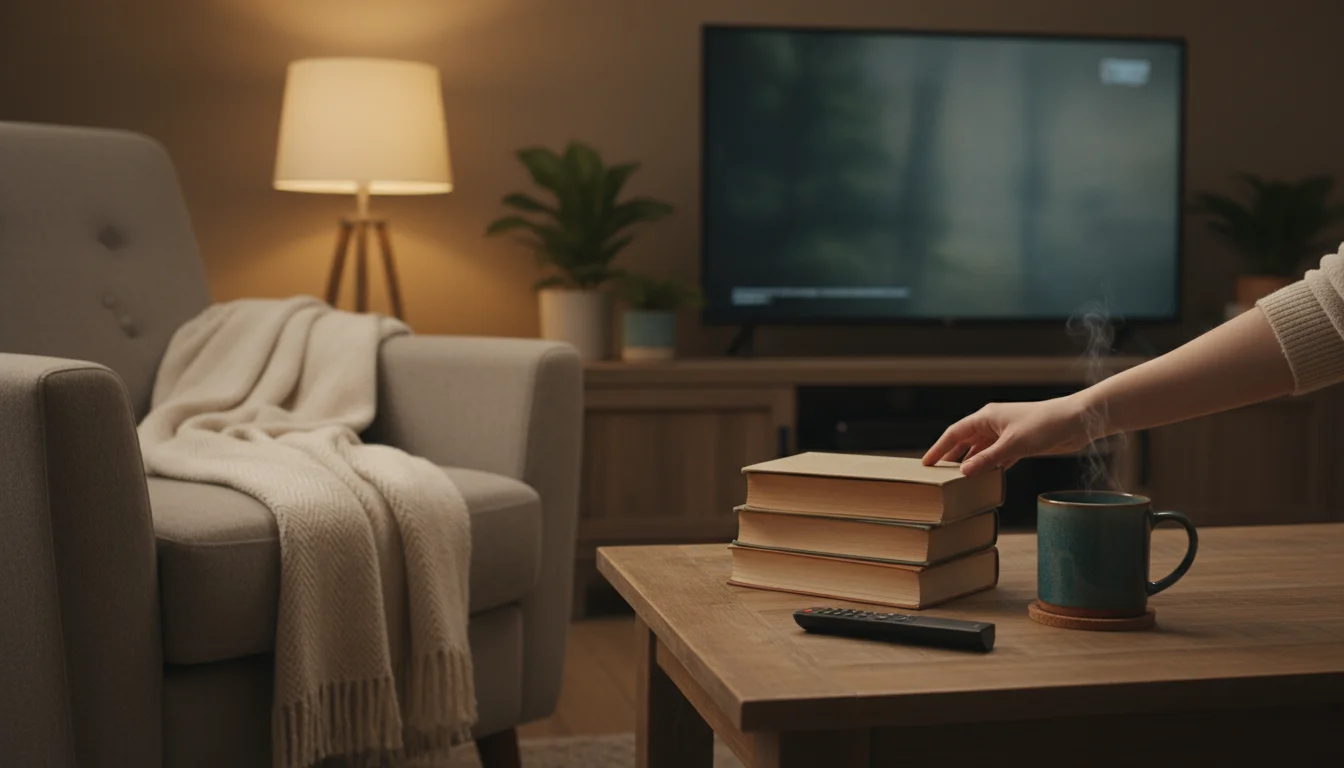 A person's hand puts a book on a coffee table next to a mug and remote control in a softly lit evening living room.