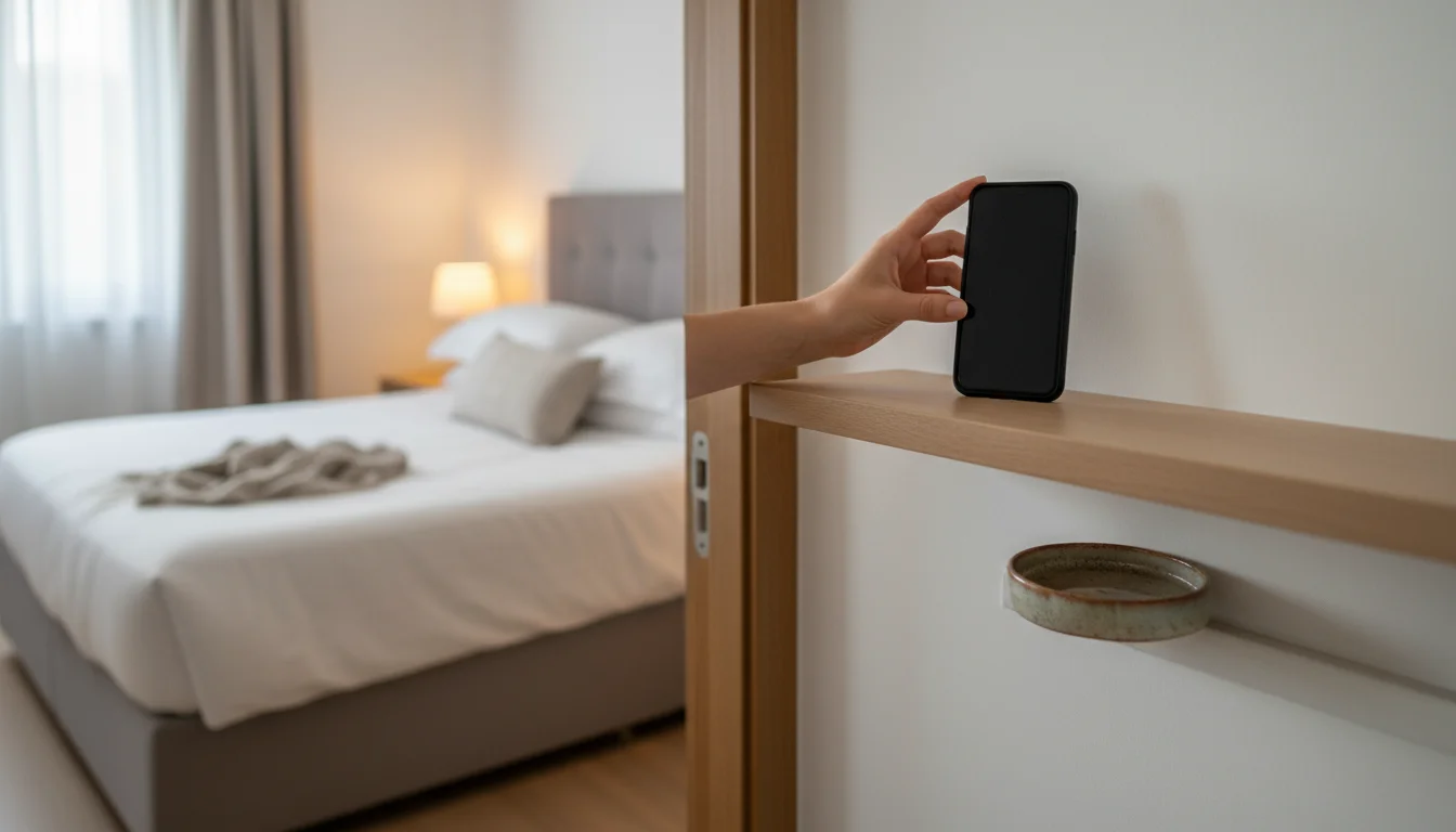 Person's hand puts a smartphone on a shelf just outside a cozy, softly lit bedroom, with a 'digital detox' reminder.