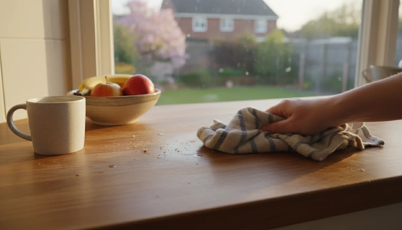 A person's hand quickly wipes crumbs off a kitchen counter with a practical dishcloth, next to a mug and fruit bowl.