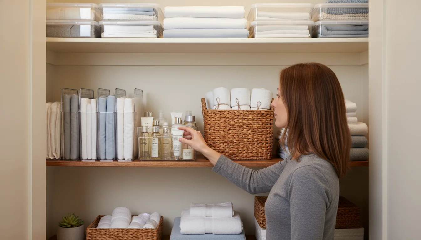 A person's hand reaches into a clear bin in an organized linen closet, showing baskets, dividers, and stackable storage.