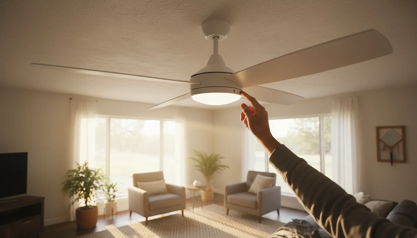 A person's hand reaches up to the motor housing of a white ceiling fan to adjust its direction switch in a cozy, sunlit living room.