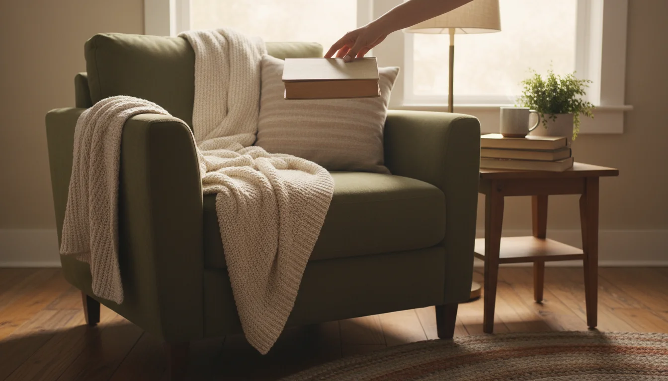 Person's hand reaching for a book left on a cozy armchair with a throw blanket in a well-lit living room.