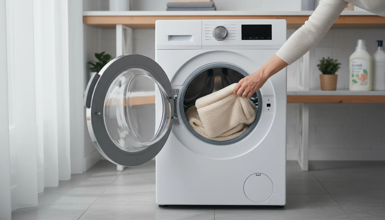 A person's hand reaching into an open front-loading washing machine to retrieve a clean, folded pet blanket from the drum.
