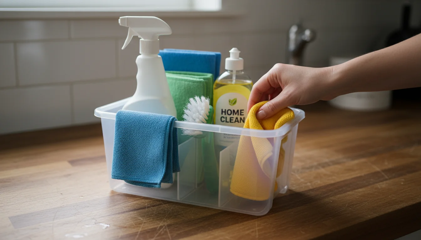A person's hand reaching into a clear plastic cleaning caddy filled with basic cleaning supplies on a wooden counter.