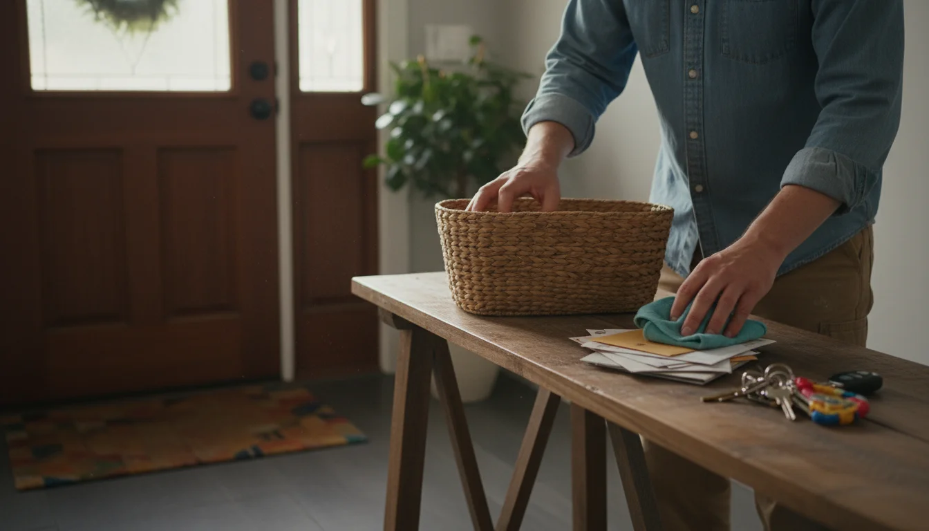 A person's hand reaching towards a woven basket on a console table with a small pile of mail and keys.