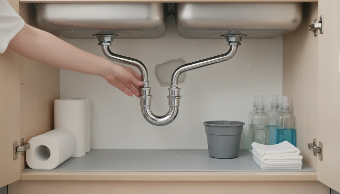 Person's hand reaching under a kitchen sink, investigating a subtle water stain behind a pipe, with a small bucket nearby.