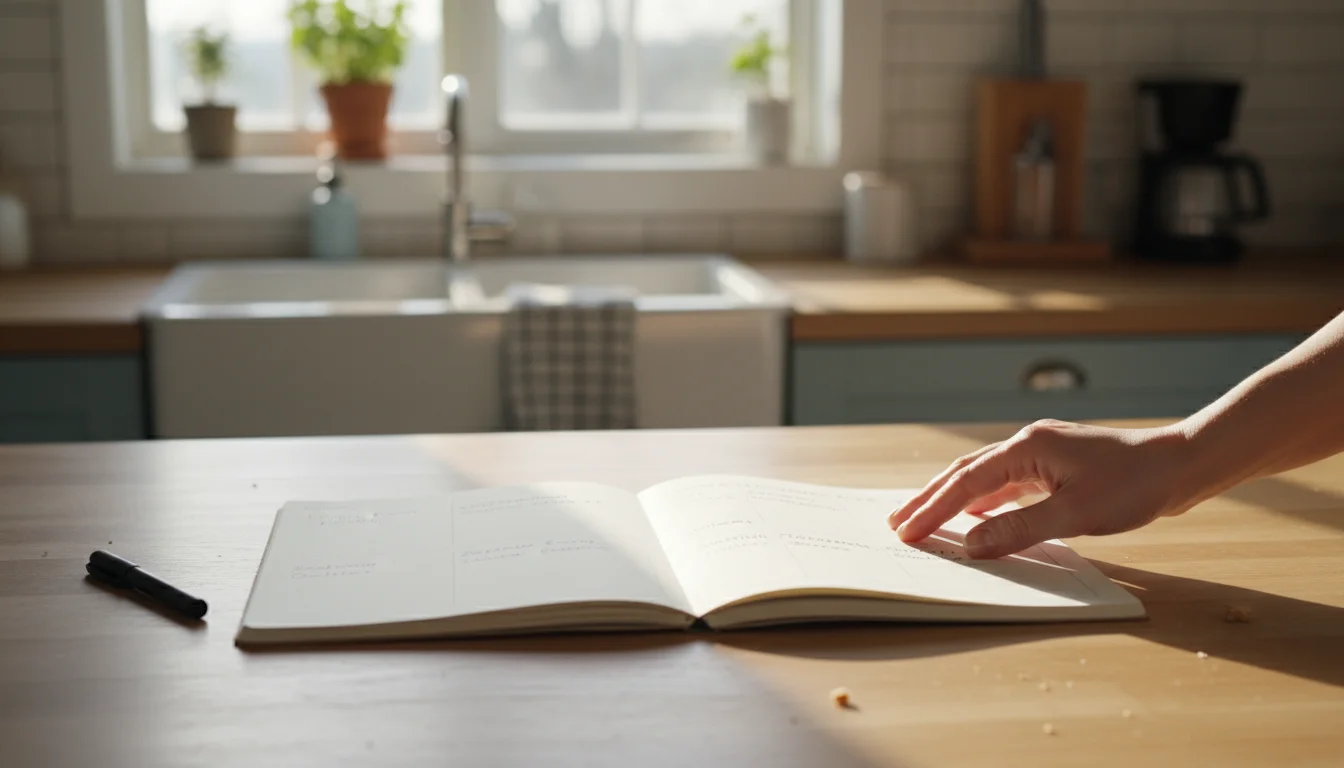 A person's hand rests on a simple paper planner open to a handwritten weekly cleaning schedule on a wooden kitchen island, bathed in natural light.
