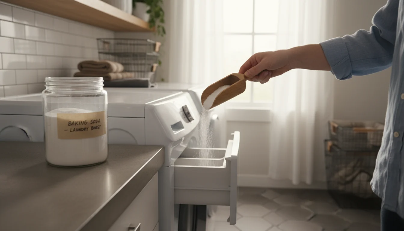 Person's hand scooping baking soda from a glass jar into a washing machine's detergent dispenser in a sunlit laundry room.
