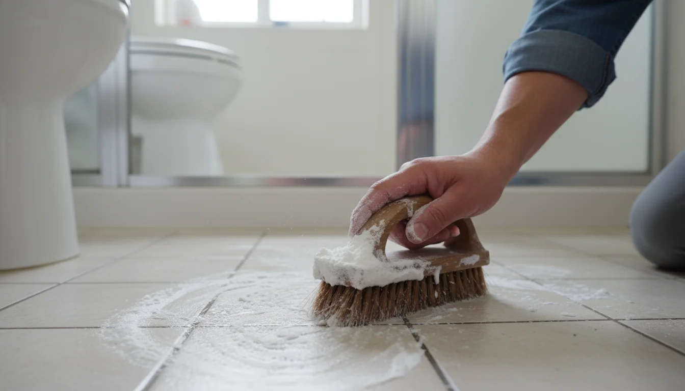 A person's hand scrubbing baking soda paste into dark grout lines on a light bathroom tile floor with a stiff-bristled brush.
