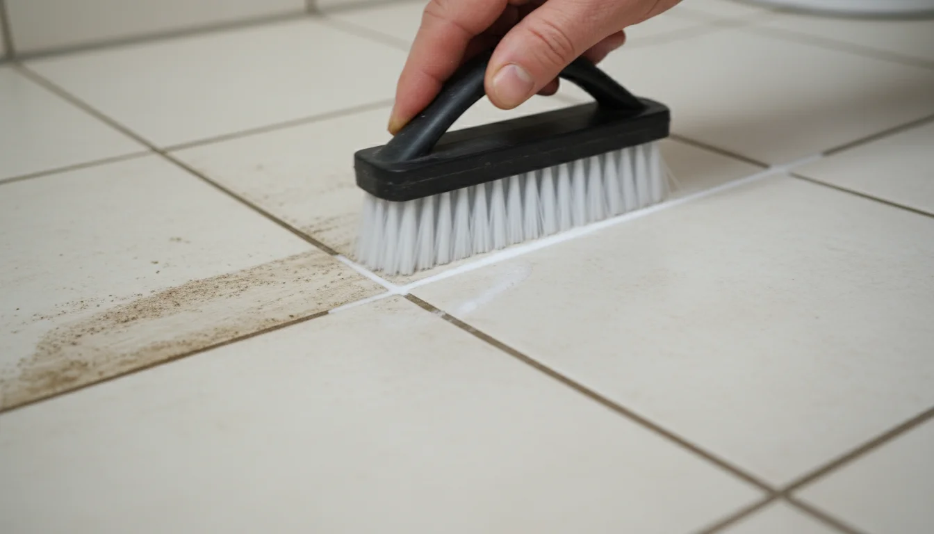 A person's hand scrubbing dirty tile grout with a stiff brush, revealing clean white grout underneath.
