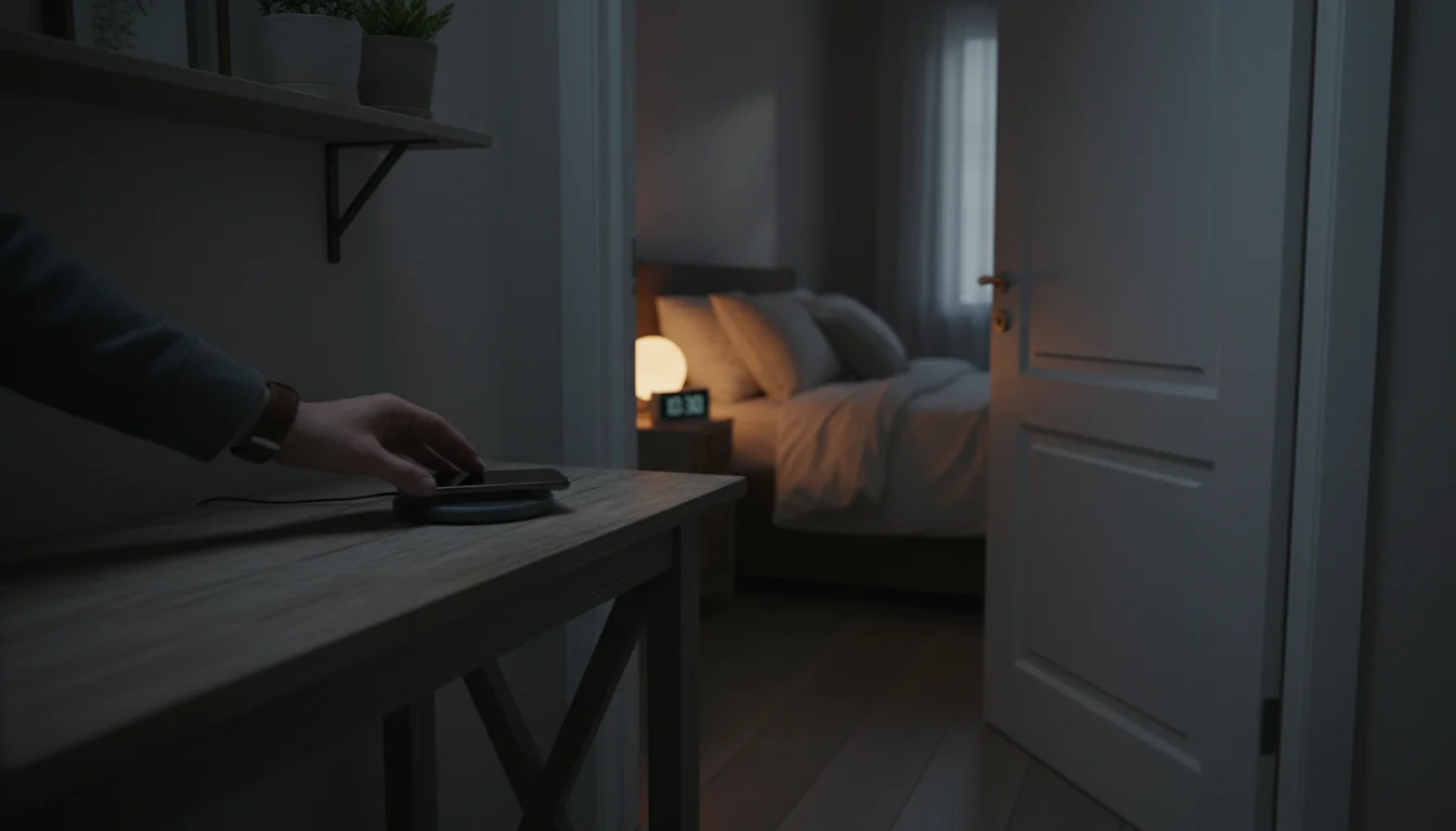 A person's hand setting a phone on a charger outside a cozy bedroom, where a simple alarm clock rests on a nightstand.