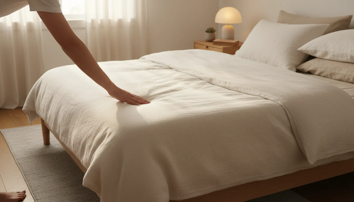 Person's hand smoothing a duvet on a neatly made bed in a naturally lit, calm bedroom.