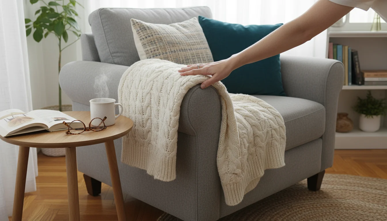 A person's hand smooths a folded knit blanket on a cozy armchair in a reading nook, with fluffed pillows and a tidy side table.