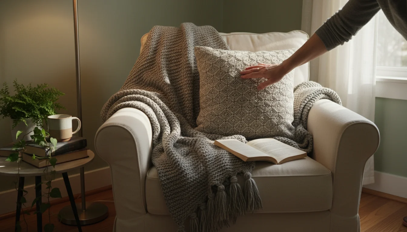 A person's hand smooths a throw blanket on a cozy armchair in a sunlit reading nook, with books and a tea mug on a side table.