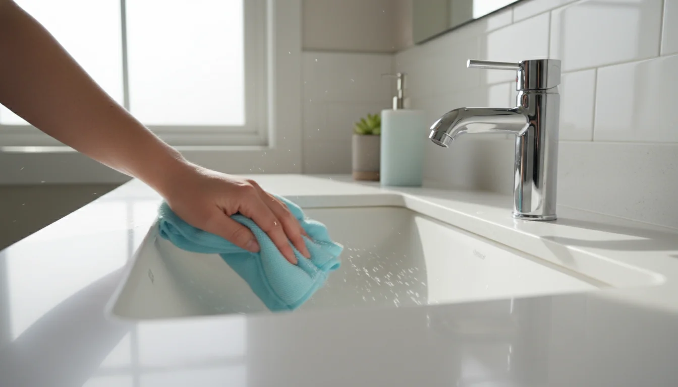 A person's hand swiftly wipes a sparkling white bathroom sink and faucet with a blue microfiber cloth. The counter is neat and tidy.