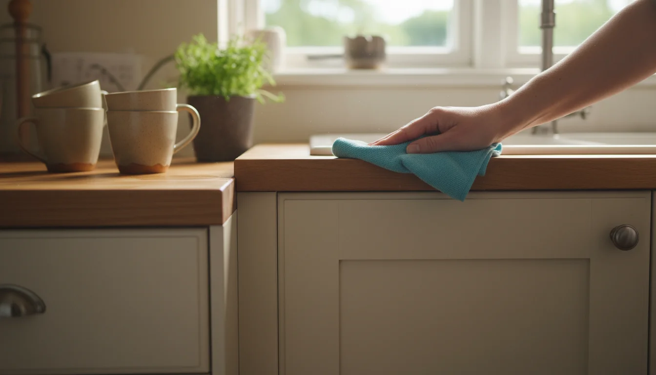 A person's hand uses a cloth to clean an off-white kitchen cabinet next to a clean wooden counter with a fruit bowl and tiled backsplash.