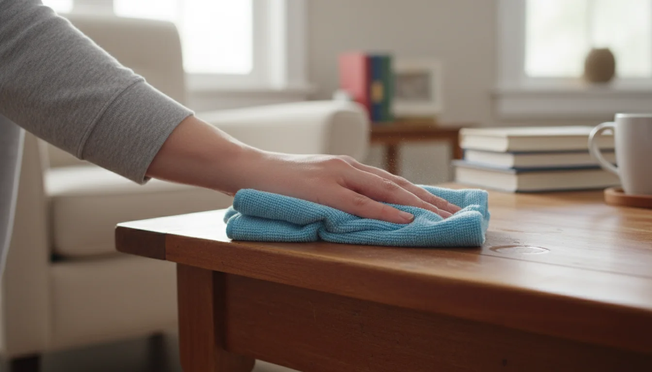 A person's hand uses a damp blue microfiber cloth to wipe dust from a wooden side table in a sunlit living room.