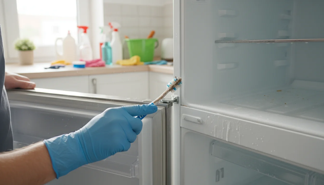 A person's hand uses an old toothbrush to clean the rubber seal of an open refrigerator door, showing a detailed spring cleaning task.