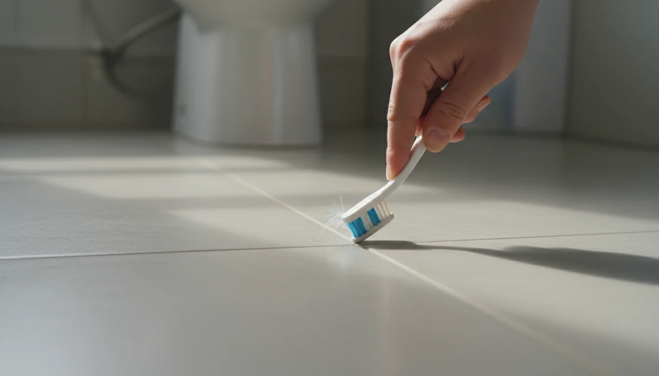 A person's hand uses an old toothbrush to gently scrub a light-colored grout line on neutral-toned tiled flooring.