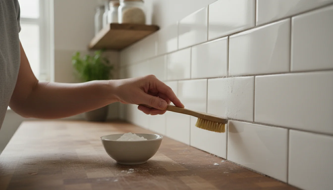A person's hand uses an old toothbrush to scrub white subway tile grout lines, with a small bowl of baking soda paste on the counter.